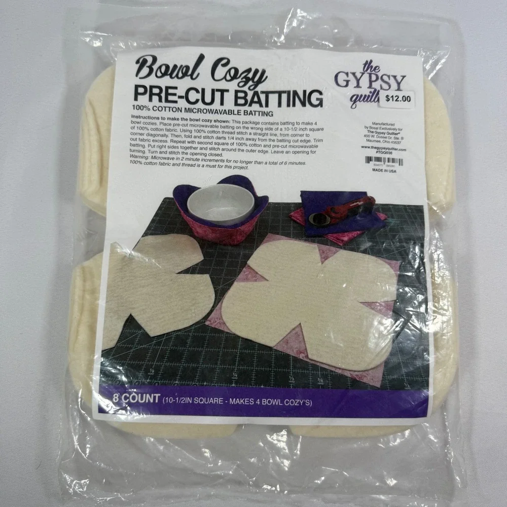 The Gypsy Quilter Bowl Cozy Pre-Cut Batting 100% Cotton 8 Count Made in USA NIB